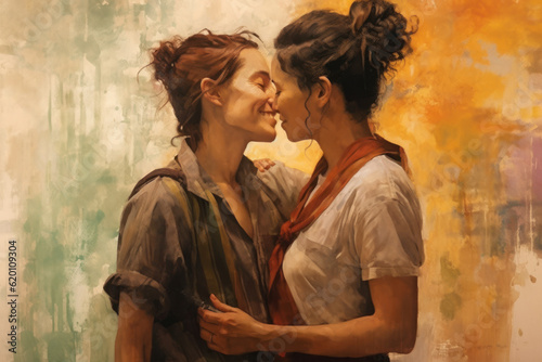 portrait of a lesbian couple hugging, smiling and kissing, painting technique