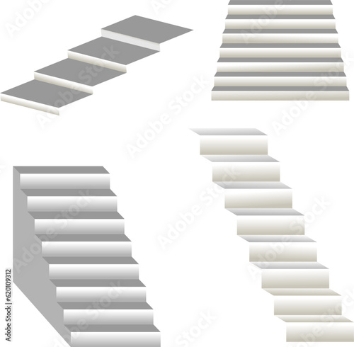 White stairs, 3d interior staircases isolated on white. Vector steps collection. Staircase for interior illustration isolated on white background.