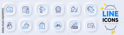 Luggage trolley, Bicycle prohibited and Sleep line icons for web app. Pack of Snowman, Sale, Love award pictogram icons. Yummy smile, Baggage calendar, Coffee break signs. Puzzle. Vector