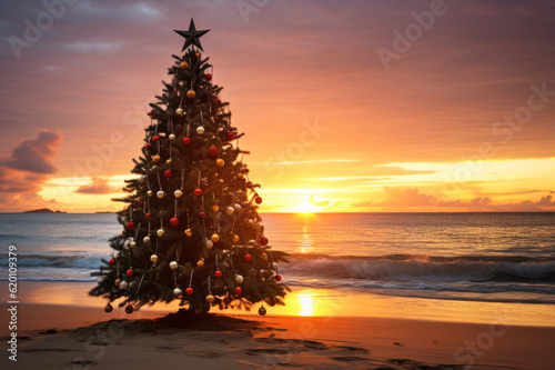 Christmas tree on tropical beach with ocean view at sunset