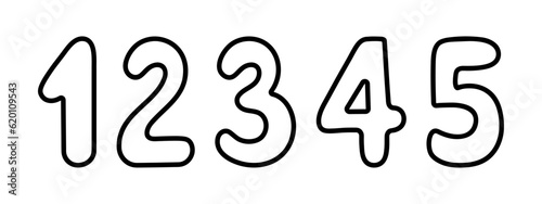 Numbers from 1,2,3,4,5. Arabic number symbols with rounded corners. Sketch. Vector illustration. Doodle style. Coloring book. Counting training. Outlines on an isolated background. Idea for web design