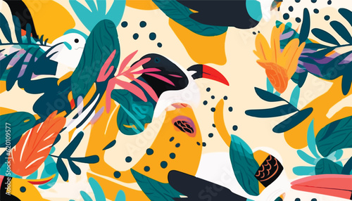 Modern abstract tropical pattern with toucan bird. Collage contemporary seamless pattern. Hand drawn cartoon style pattern.