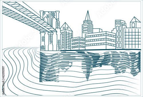 Transparent contour cityscape near river with silhouettes of buildings and bridge vector