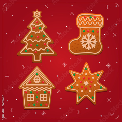 Set of christmas gingerbread cookies in shugar icing. Vector illustration on red background with snowflakes and snowballs.