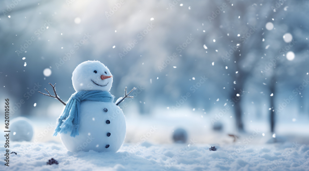Snowman with blue scarf and hat on snowy backdrop. Whimsical and charming. (AI generative) Snowman with blue scarf and hat on snowy backdrop. Whimsical and charming. (AI generative)