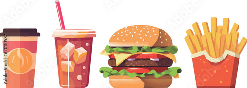 ベクターイラスト素材：ハンバーガーとポテトとドリンクのセット丨AI画像