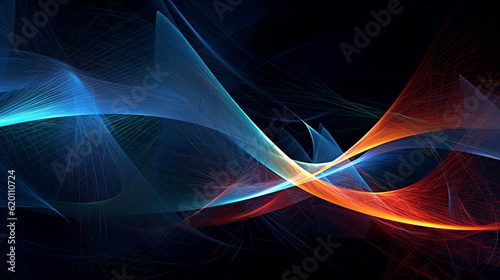 Abstract digital art composition featuring vibrant and colorful lines in varying shades of blue. Generative Ai