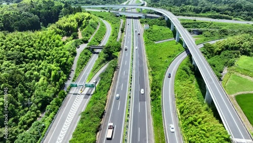 Aerial view of highway in green area