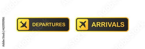 Departures and arrivals. Flat, color, air travel, air travel signs at the airport. Vector icons.