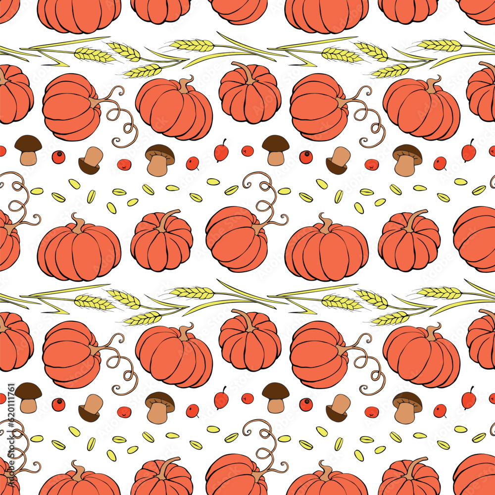 Vector seamless pattern of autumn harvest symbols: pumpkins, wheat ears, berries, mushrooms in flat doodle style. Colorful background, texture. Theme: forest, happy autumn, Thanksgiving