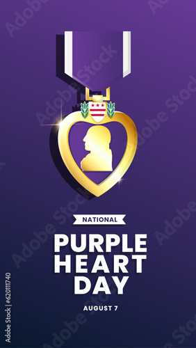 Purple Heart Day Wallpaper Banner Social Media Post Design Template, with Golden Purple Heart Medal. Suitable to place on content with that theme. Vector file every object is separated