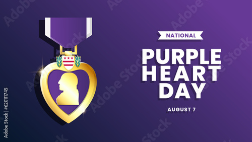Purple Heart Day Wallpaper Banner Social Media Post Design Template, with Golden Purple Heart Medal. Suitable to place on content with that theme. Vector file every object is separated