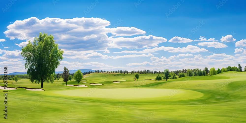 Panoramic view of Golf Course. Golf field with a rich green turf beautiful scenery. Generative AI Panoramic view of Golf Course. Golf field with a rich green turf beautiful scenery. Generative AI