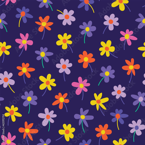 Seamless pattern of simple flowers. Collection of hand drawn natural elements. Repeating thin Florals. simple Print on a purple background