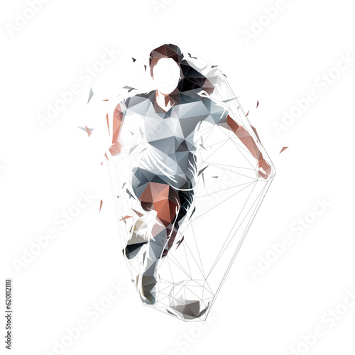 Female soccer player running with ball, woman playing football, isolated low polygonal vector illustration, geometric drawing from triangles