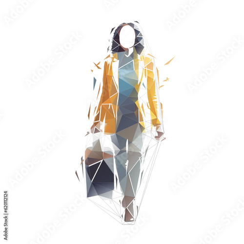 Business woman with suitcase walking forward, front view, isolated low poly vector illustration