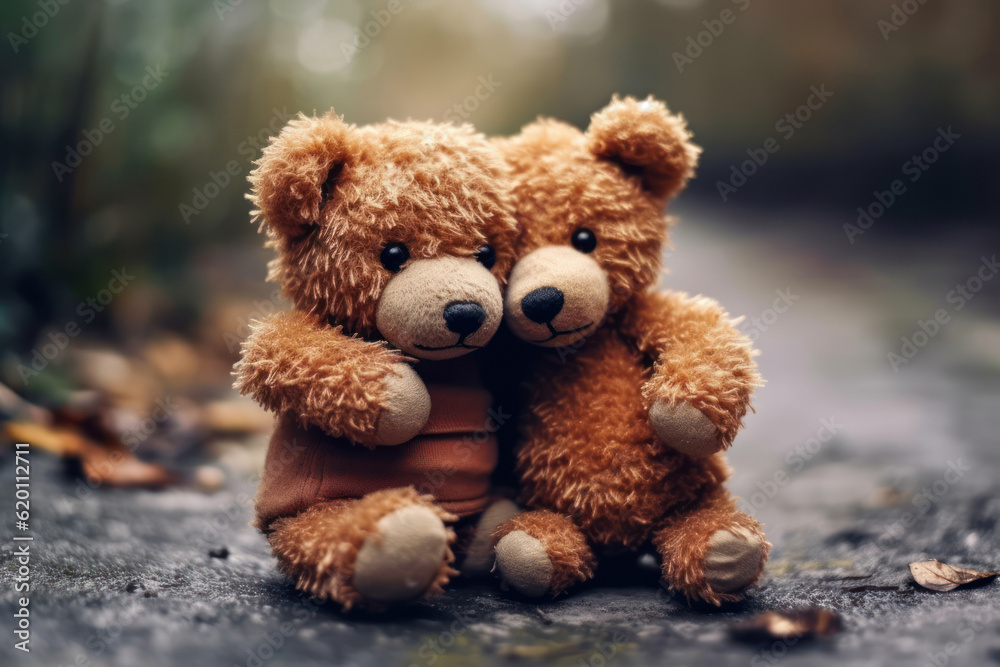 Two teddy bears share a heartfelt hug amidst the serene morning in a bamboo forest. Generative AI.