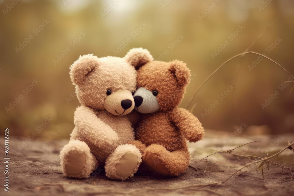 Two teddy bears share a heartfelt hug amidst the serene morning in a bamboo forest. Generative AI. Two teddy bears share a heartfelt hug amidst the serene morning in a bamboo forest. Generative AI.