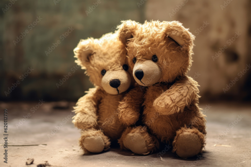Two teddy bears share a heartfelt hug amidst the serene morning in a bamboo forest. Generative AI. Two teddy bears share a heartfelt hug amidst the serene morning in a bamboo forest. Generative AI.