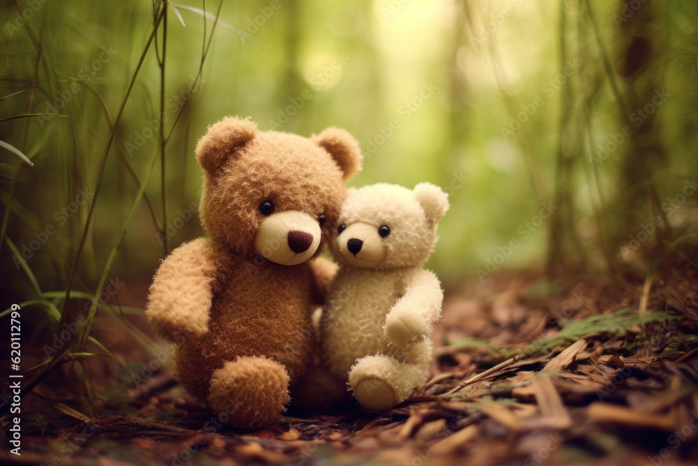 Two teddy bears share a heartfelt hug amidst the serene morning in a bamboo forest. Generative AI.