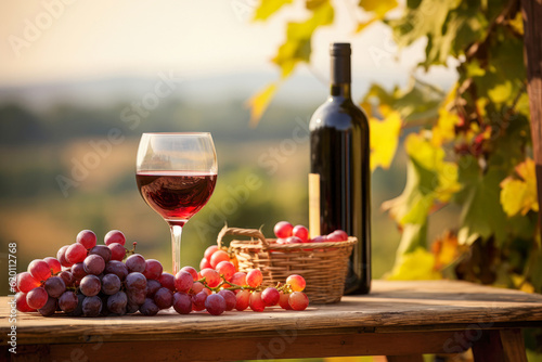 Ein Glas Rotwein, eine Flasche Rotwein und Weintrauben auf einem Tisch, neben dem herbstlich gefärbtes Weinlaub zu sehen ist. Im Hintergrund ein Weinanbaugebiet.