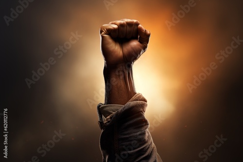 clinched fist raised up on dark background