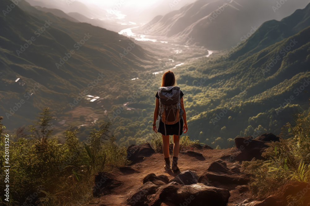 Fototapeta premium Captivating photo capturing a girl hiking in the serene morning mountains. Generative AI.