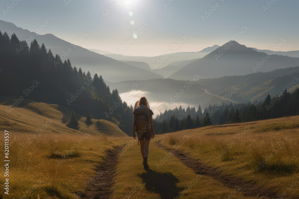 Captivating photo capturing a girl hiking in the serene morning mountains. Generative AI.