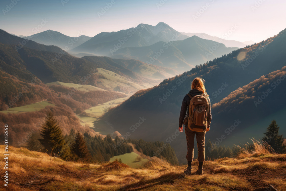 Captivating photo capturing a girl hiking in the serene morning mountains. Generative AI. Captivating photo capturing a girl hiking in the serene morning mountains. Generative AI.