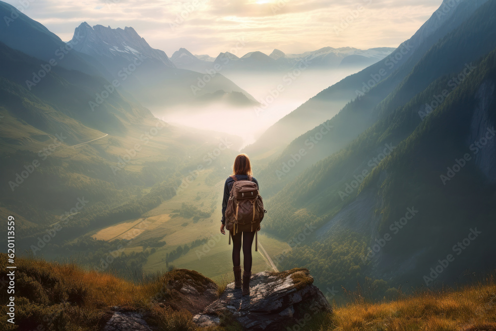 Captivating photo capturing a girl hiking in the serene morning mountains. Generative AI.