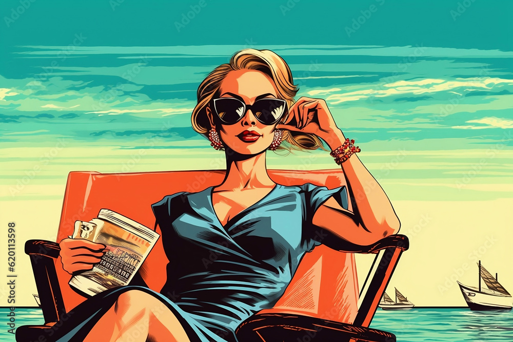 Obraz premium Woman in sunglasses sitting on beach chair, comic book style artwork, generative ai
