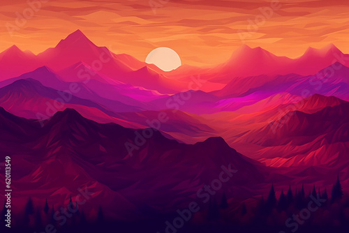 Sunset behind the mountain peaks graphics, generative ai