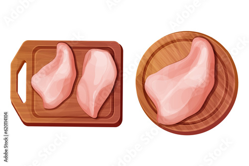 Chicken fillet meat part breast top view on wooden board in cartoon style isolated on white background. Boneless raw ingredient
