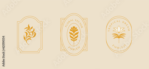 Vector set of logo design templates and graphic elements, organic cosmetic, floral illustration in simple linear hand drawn style, plants and flowers, natural products emblems