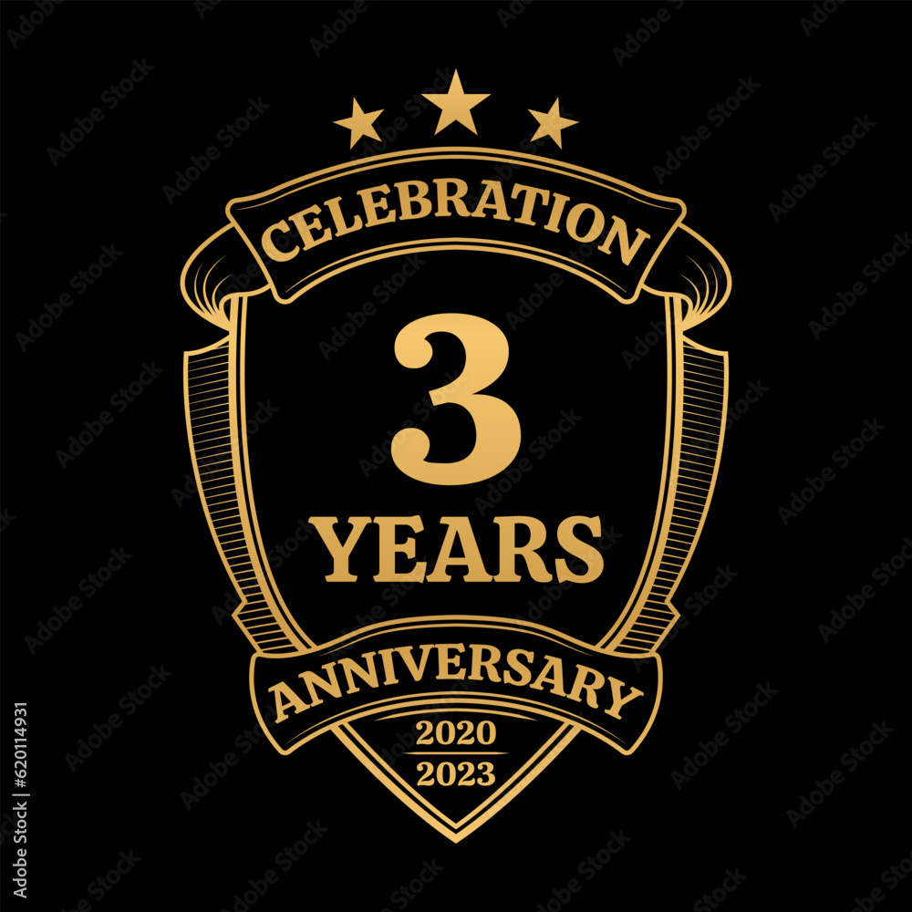 3 year anniversary icon or logo. 3rd jubilee celebration, business company birthday badge or label. Vintage banner with shield and ribbon. Wedding, invitation design element. Vector illustration.