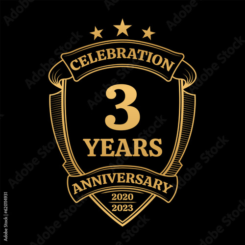 3 year anniversary icon or logo. 3rd jubilee celebration, business company birthday badge or label. Vintage banner with shield and ribbon. Wedding, invitation design element. Vector illustration.