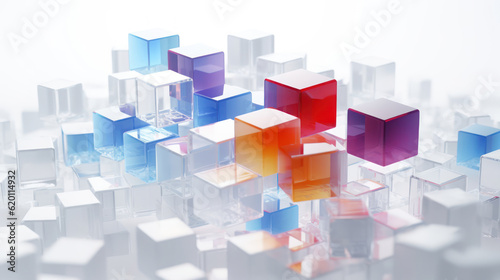 Colorful 3d glass cubes on white background.