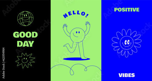 Vector logo design template and graphic elements for advertising, branding, posters and banners, funny cartoon illustrations with smiling character and mascots, abstract stickers and line icons