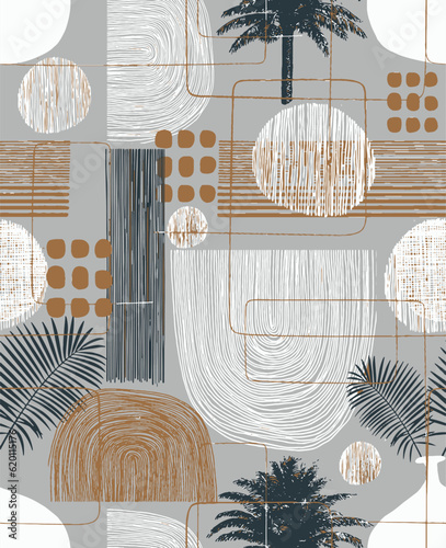 Trend  beach geometric abstract shapes, palm tree boho geometric seamless pattern design Mid Century Modern inspired contemporary design for paper, cover, fabric, interior decor, web, textile.