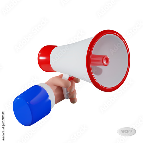 Render of a hand with a loudspeaker. Ad concept. Vector 3d illustration isolated on white background