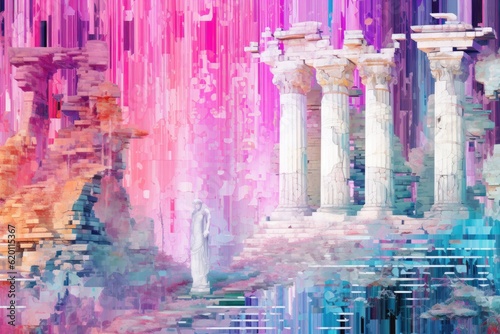 Greek Ruins Enveloped by Waterfalls Wallpaper - Set Against a Tricolor Pattern of Pink, Blue, and Purple on an Abstract White Background - Mushroomcore Glitch Art Created with Generative AI Technology
