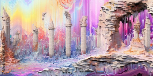Greek Ruins Enveloped by Waterfalls Wallpaper - Set Against a Tricolor Pattern of Pink, Blue, and Purple on an Abstract White Background - Mushroomcore Glitch Art Created with Generative AI Technology © Sentoriak