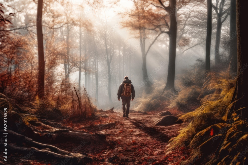 Captivating photo capturing a man hiking in the serene morning light of a beautiful deciduous forest. Generative AI. Captivating photo capturing a man hiking in the serene morning light of a beautiful deciduous forest. Generative AI.