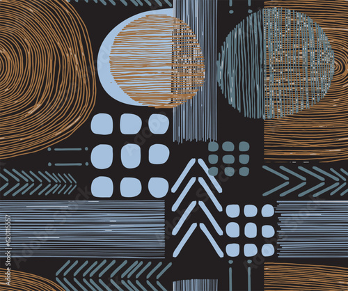 Modern trendy mid century abstract shapes monochrome seamless pattern. Geometric textured repeat pattern. Scandinavian abstraction. Nordic neutral print vector illustration for tile, rug, fashionable.