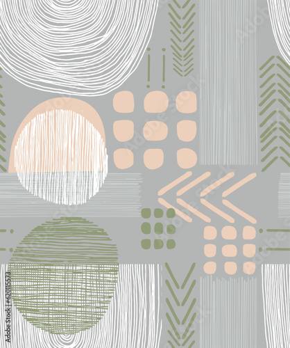 Modern trendy mid century abstract shapes seamless pattern. Geometric textured repeat  Scandinavian abstraction. Nordic neutral print vector illustration for tile, rug, fashionable.