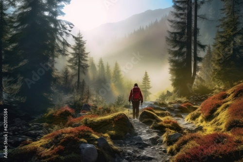 Captivating photo capturing a man hiking in the serene morning light of a beautiful deciduous forest. Generative AI.