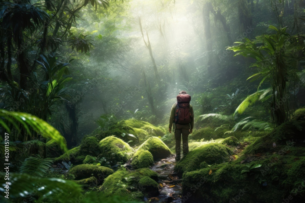 Captivating photo capturing a man hiking in the serene morning light of a beautiful deciduous forest. Generative AI.