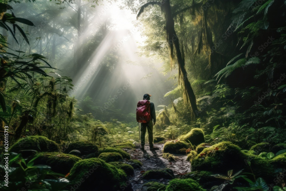 Captivating photo capturing a man hiking in the serene morning light of a beautiful deciduous forest. Generative AI. Captivating photo capturing a man hiking in the serene morning light of a beautiful deciduous forest. Generative AI.