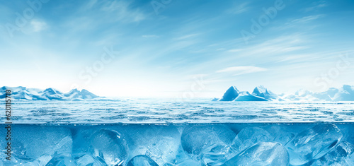 Selective focus.podium platform of ice or iceberg mountain landscap.product display table.stand abstract background.generative ai images