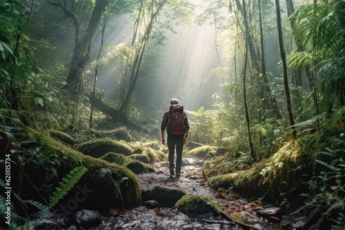 Captivating photo capturing a man hiking in the serene morning light of a beautiful deciduous forest. Generative AI. © Shinonome Studio